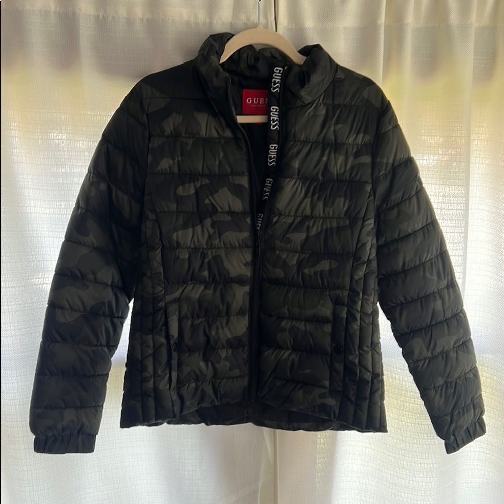 Guess Black Quilted Puffer Jacket with Glossy Finish